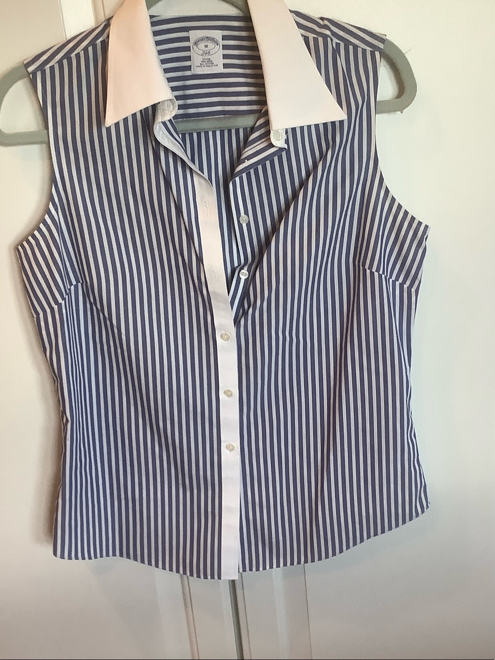 Brooks Brothers Navy and White Striped Sleeveless Button-Down Shirt